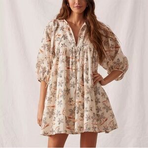 Floral Cream Puff-Sleeve Mini Dress